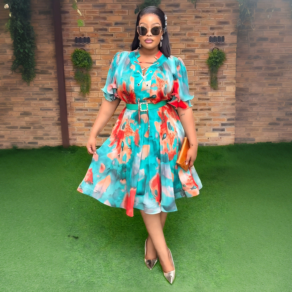 african plus size women's v neckdress   export printinghigh waist a-line skirt in stock