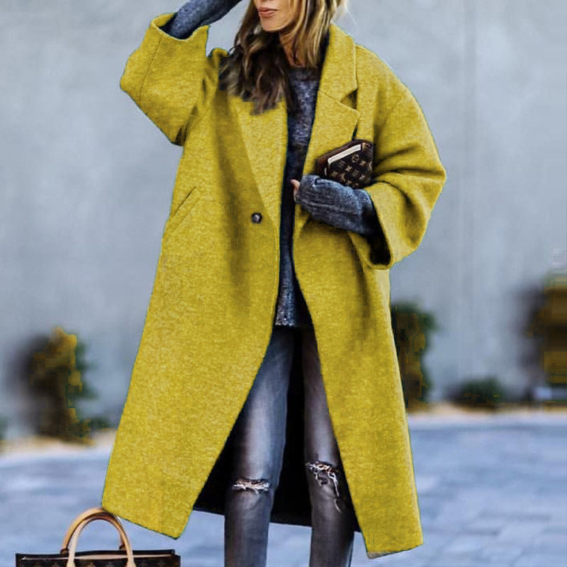 European and american autumn/winter long wool coat - chic, commuter style, beltless, turn-down collar, relaxed fit, wool green coat for women