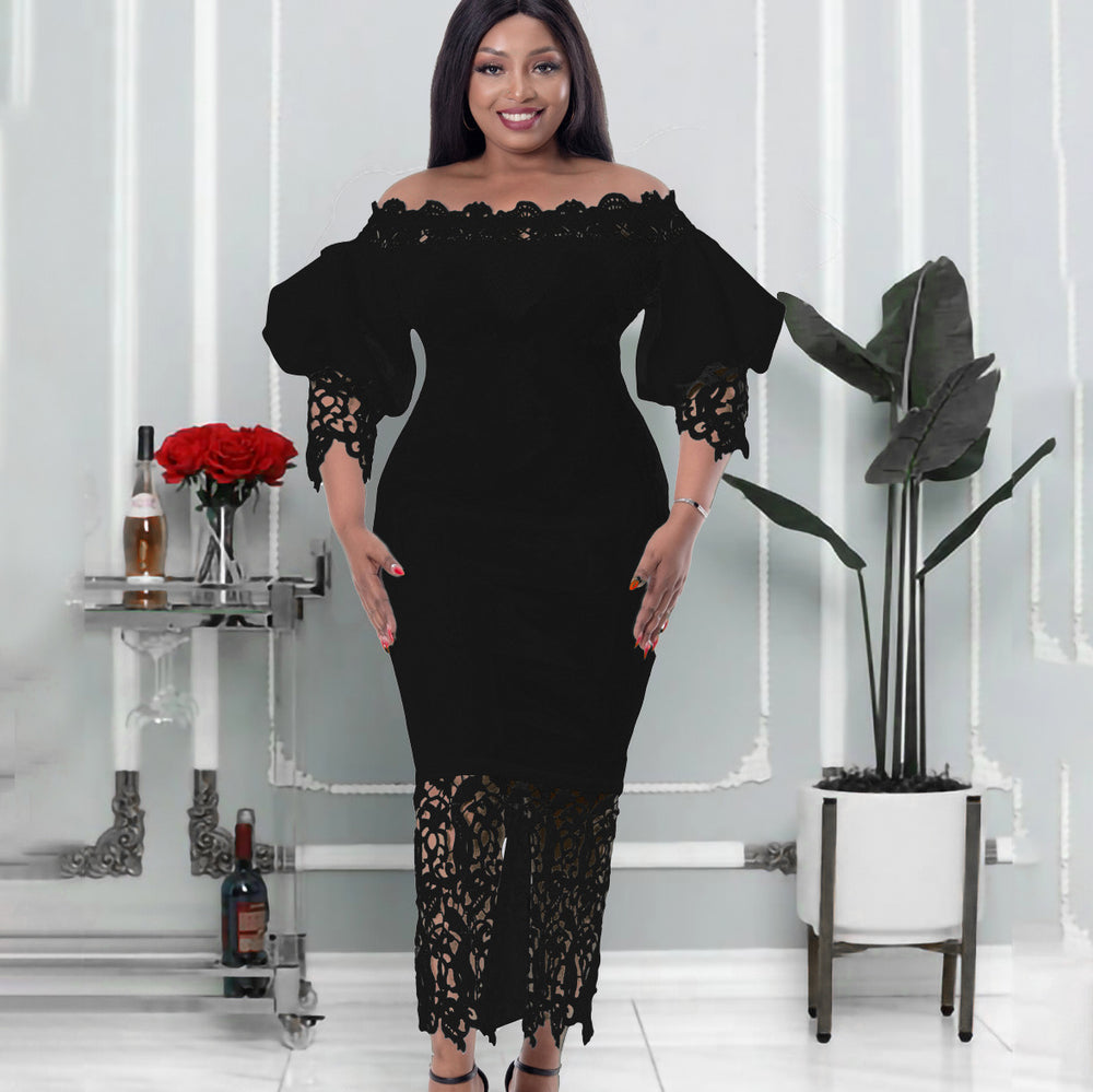 D247 cross-border new one-shoulder off-the-shoulder bodycon lace patchwork lantern sleeve european and american style formal dress - export dress
