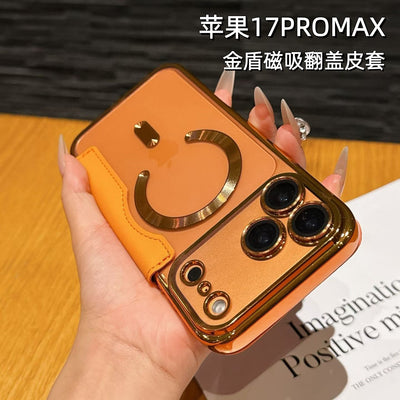 Premium gold shield magnetic leather case for iphone 17 pro max, apple 16 flip cover, full coverage, drop protection