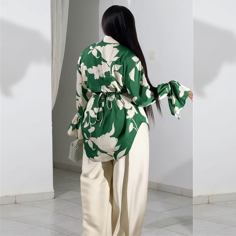 European and american style women's clothing  autumn new collection: sweet and fresh printed turn-down collar lantern sleeve blouse with high-waisted straight-leg pants two-piece set