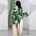 European and american style women's clothing  autumn new collection: sweet and fresh printed turn-down collar lantern sleeve blouse with high-waisted straight-leg pants two-piece set