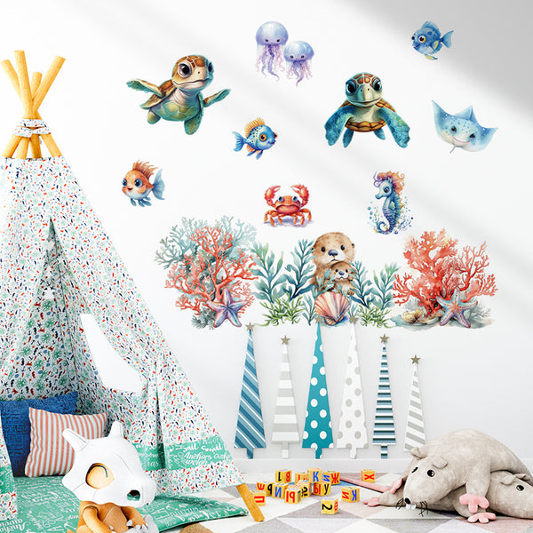 Cartoon underwater animal wall sticker children's room aquarium wall decoration sticker swimming pool glass wall sticker