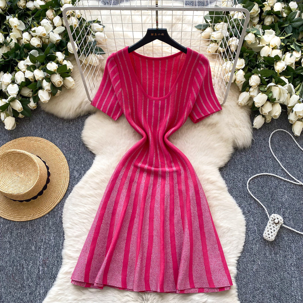 Fashionable women's dress  summer high-end u-neck short sleeve slimming shiny striped a-line knit dress