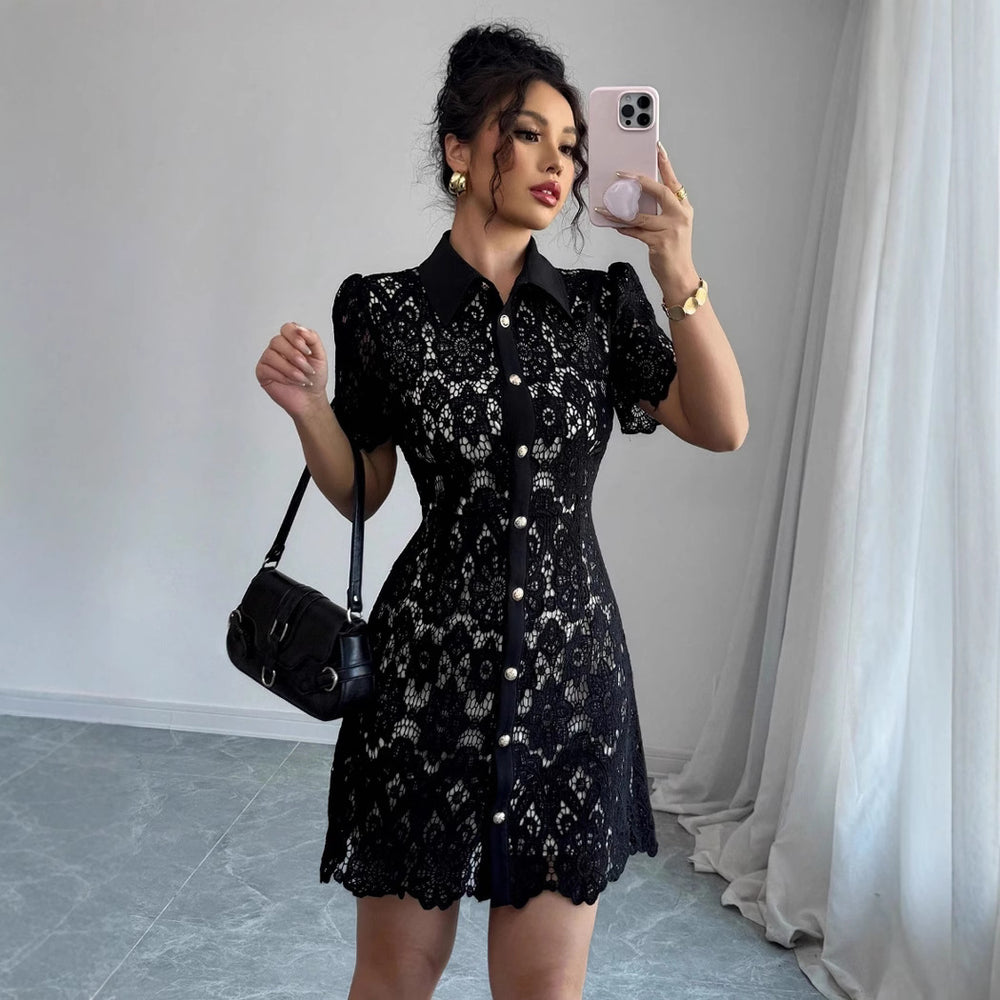 fashion for europe and america:  summer new arrival - color block turn-down collar, water-soluble embroidery, elegant waist-defining short-sleeve dress