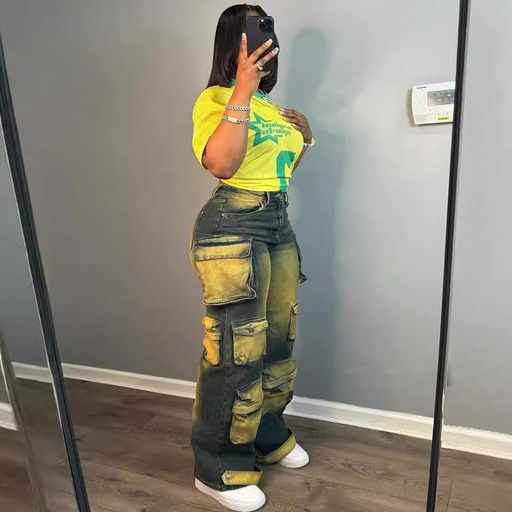 European and american style straight-leg jeans  cross-border women's clothing trendystylish multi-pocket hanging dye high waist overalls