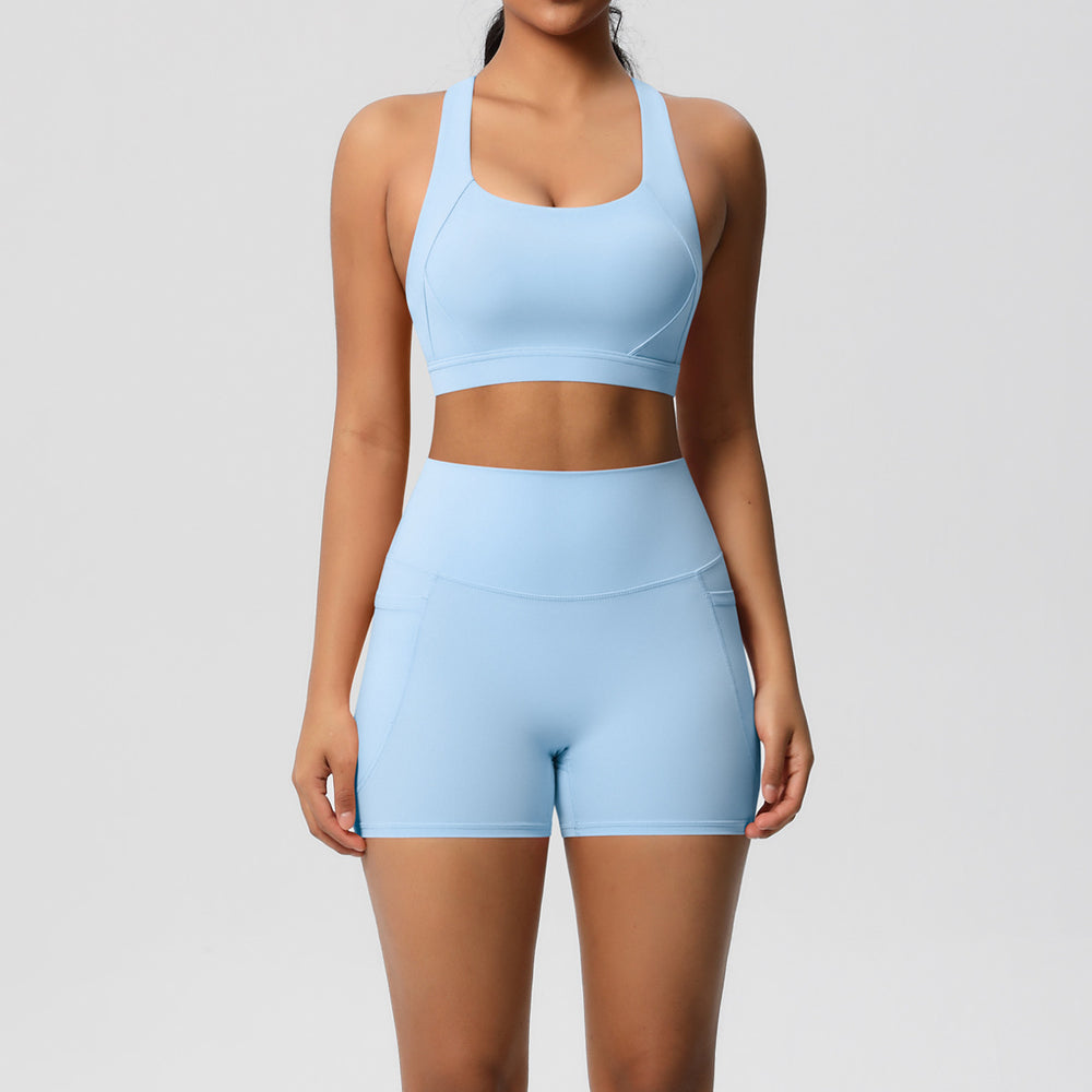 European and american cross-border double-sided brushed sports bra and pocket shorts set - pilates, running, fitness, and yoga apparel