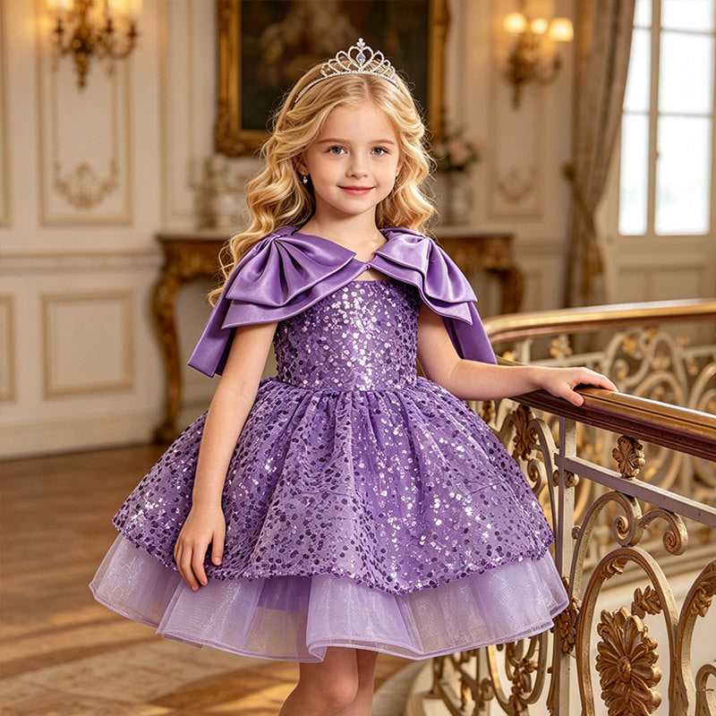 Girls' formal dress - knee-length puffy skirt with sequin accents - perfect for parties, fashionable kids' princess dress, birthday outfit - in stock