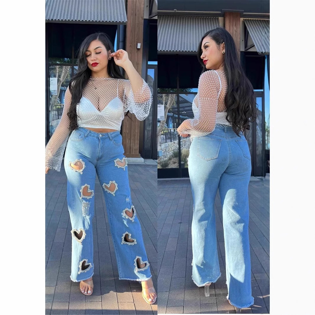 25 Cross-border Europe, America,  Independent Station INS Explosive Hollow Love Handmade Nail Drilling Personalized Trend Jeans