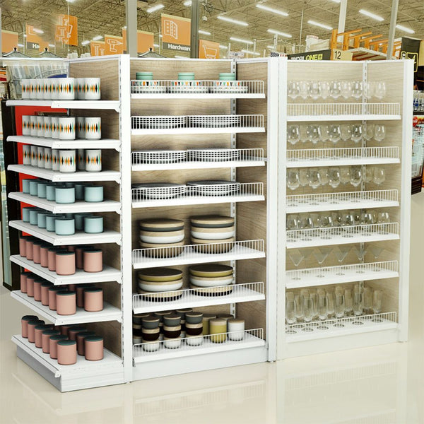 Customized tableware display rack, iron and wood combined with middle island rack, ceramic dishes, wine glasses and pots display rack, multi-layer display rack