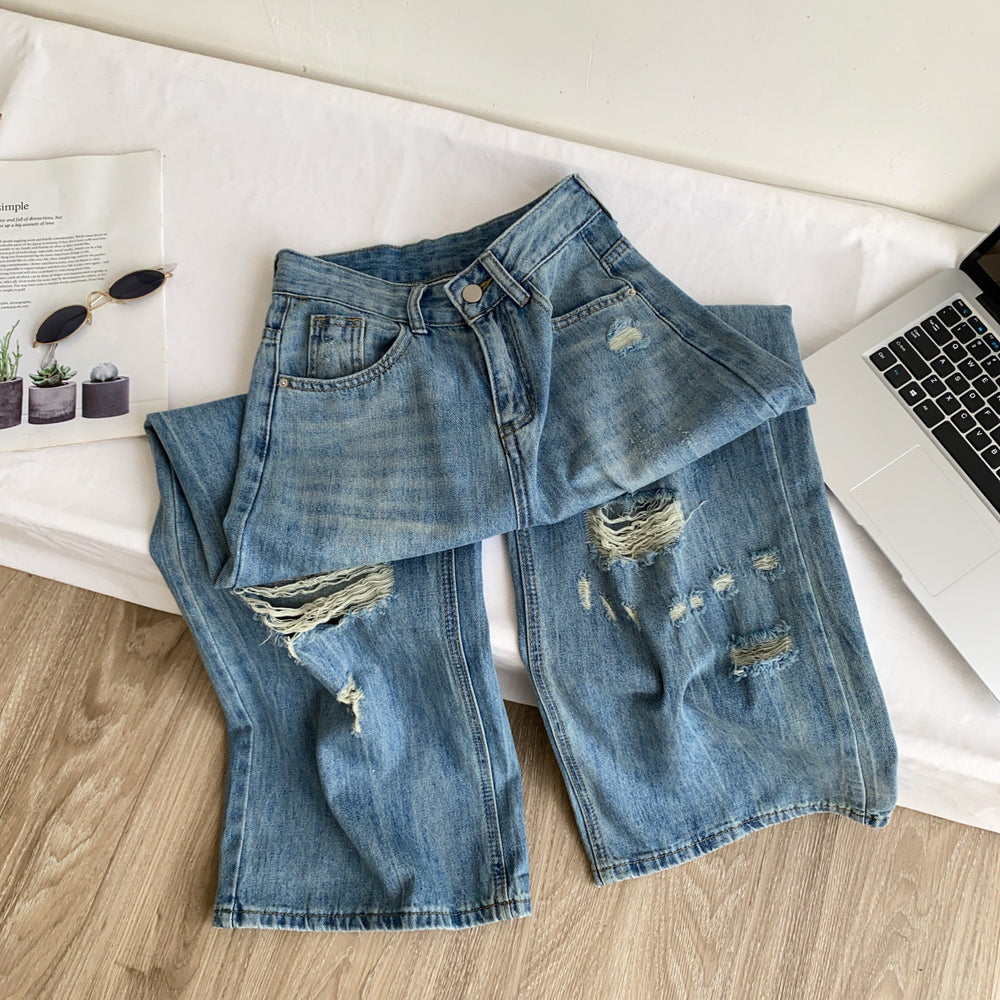 Retro ripped loose pantsjeans women's summer thin high waistslimming lookloosepetitesstraight-leg pantspants