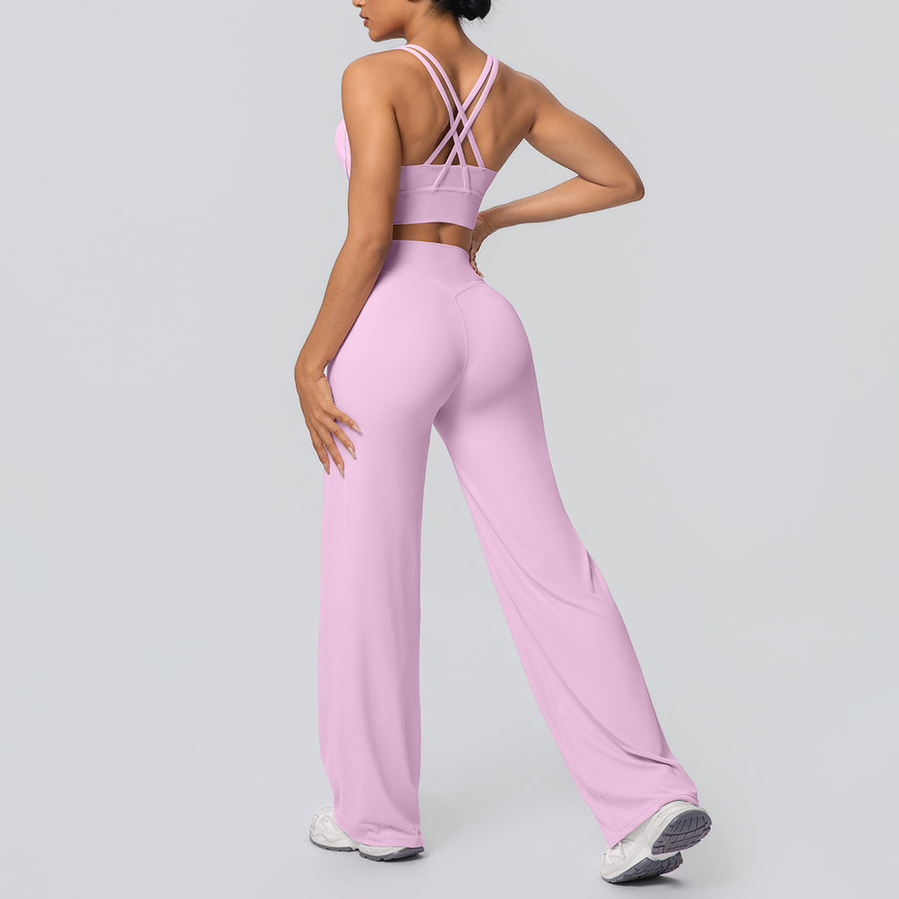 Fashion cross-border nude cross-back bra casual sports hip lifting loose pants fitness yoga wear two-piece set for women