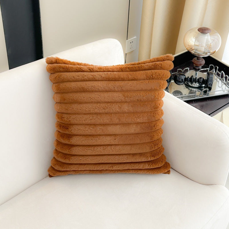 Simple solid color rabbit fur plush cushion pillow cover wide stripe bedroom living room sofa bed headrest pillow cross-border