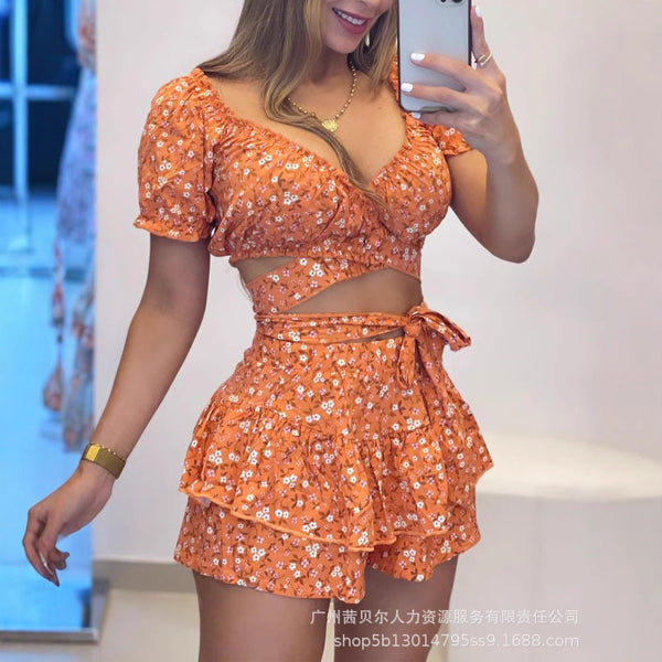 ODS1825  European and American new floral sexy jumpsuit skirt set