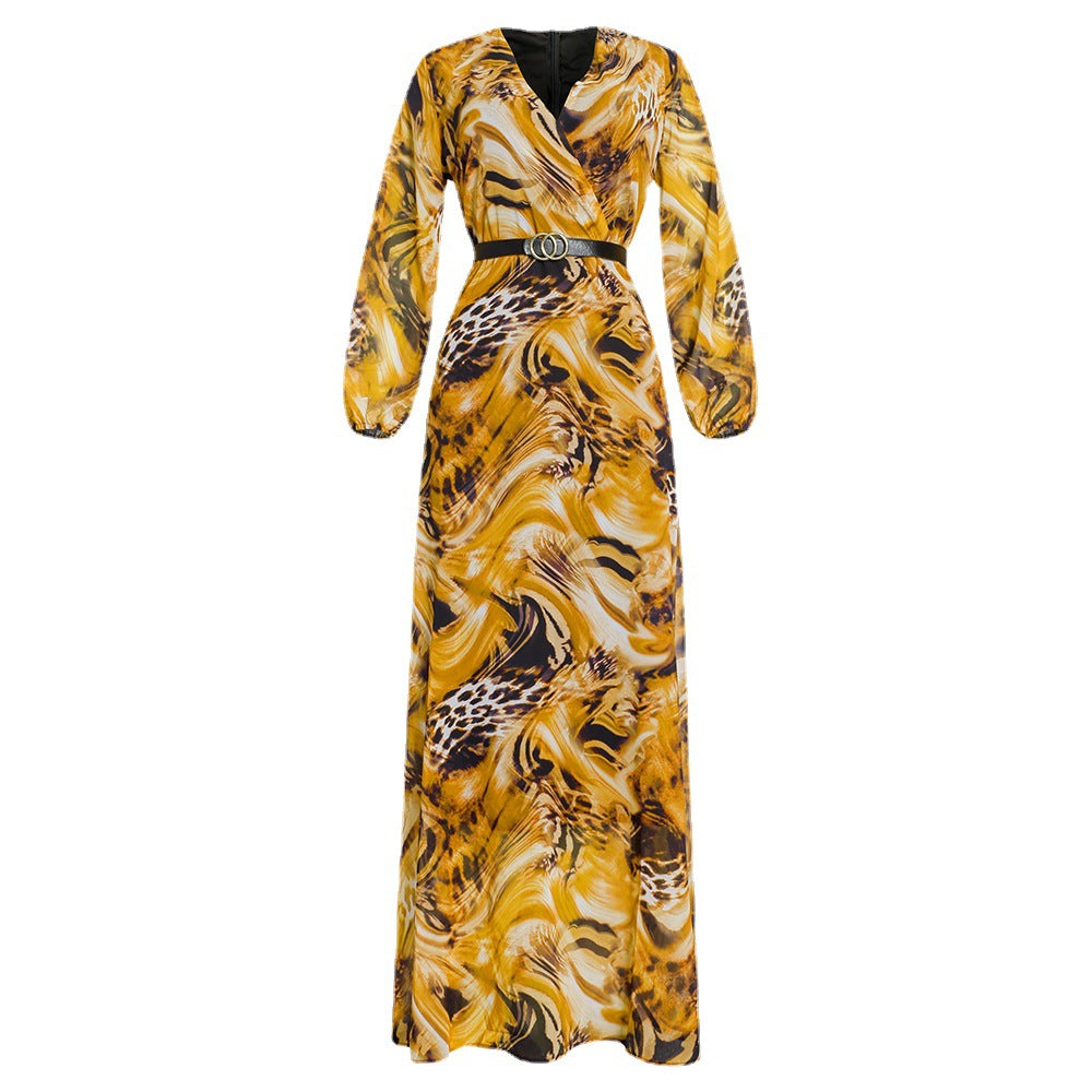 Aliexpress  fashion africa cross-border supply plus size women's clothing printingv neck light mature a large swing chiffon dress