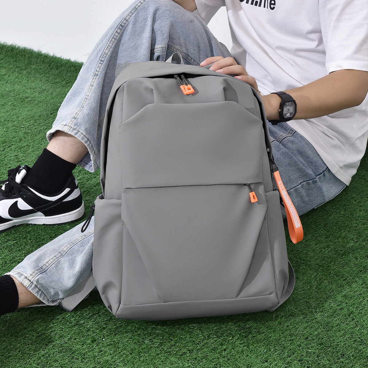 Processing custom men's backpack large capacity solid color simple business travel computer backpack junior high school college students