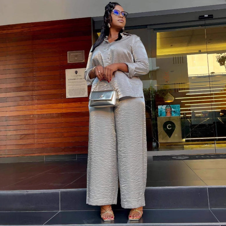 European and American large-size women's clothing long-sleeved lapel solid color cardigan shirt high waist wide-leg trousers African foreign loose suit