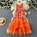 French retro court style fashionable printed patchwork mesh puffy irregular ruffle hem dress for women