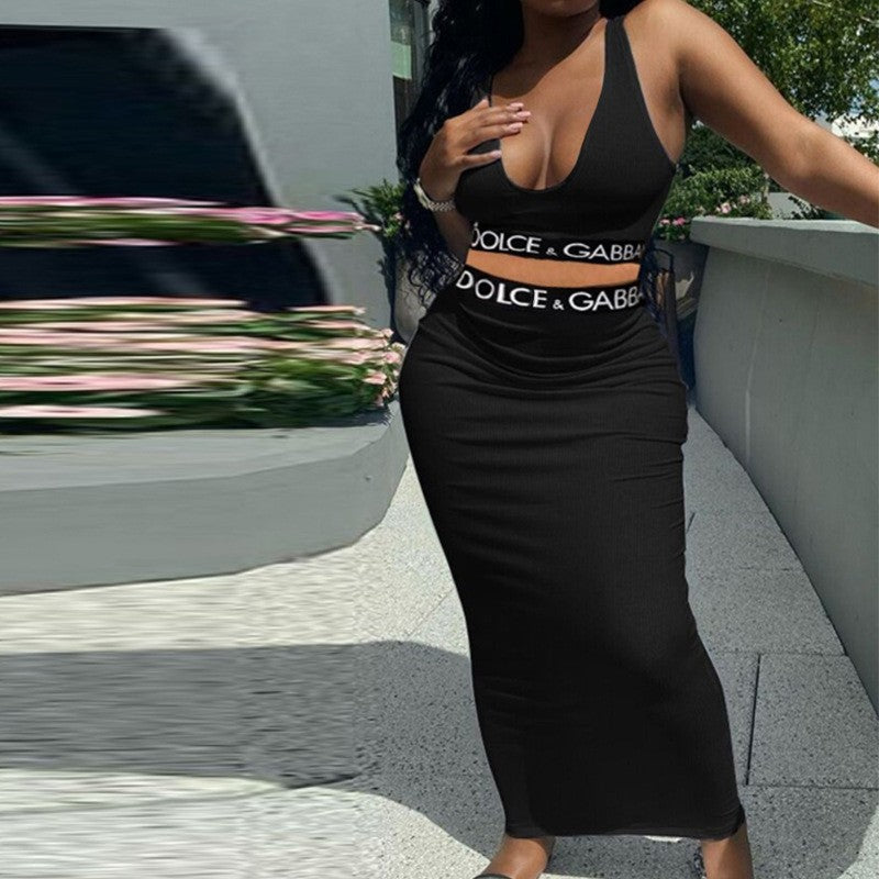 European and american summer new fashion casual tank top high waist bodycon maxi skirt letter print ribbon casual two-piece set for women