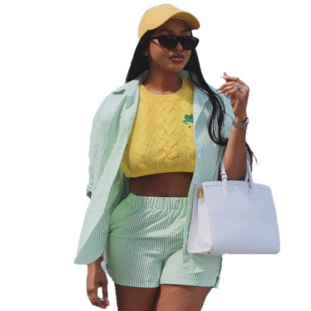 European and American large-size casual cardigan lapel striped shirt loose foreign style shorts African new women's clothing two-piece set summer