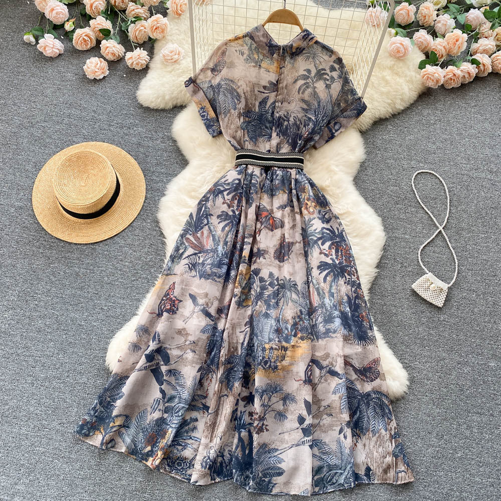 Palace style frenchniche styleeleganteleganceprintingdress women's summernew arrival waist slimming look gentle style long skirt