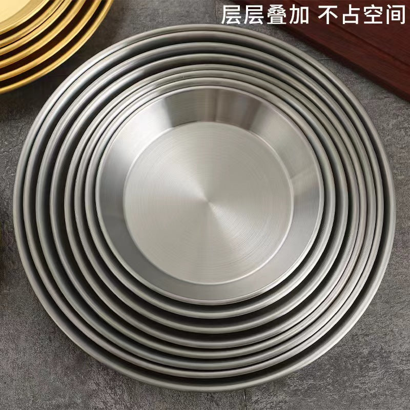 Korean style stainless steel pizza pan, western food round plate, gold flat bottom tray, bbq plate, fruit plate, steak plate, cake plate