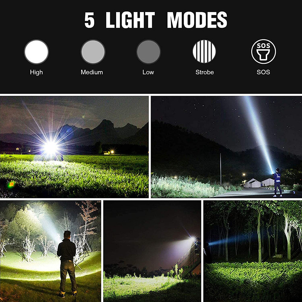 Cross-border new XHP70 strong light flashlight, outdoor USB charging with output zoom remote LED flashlight
