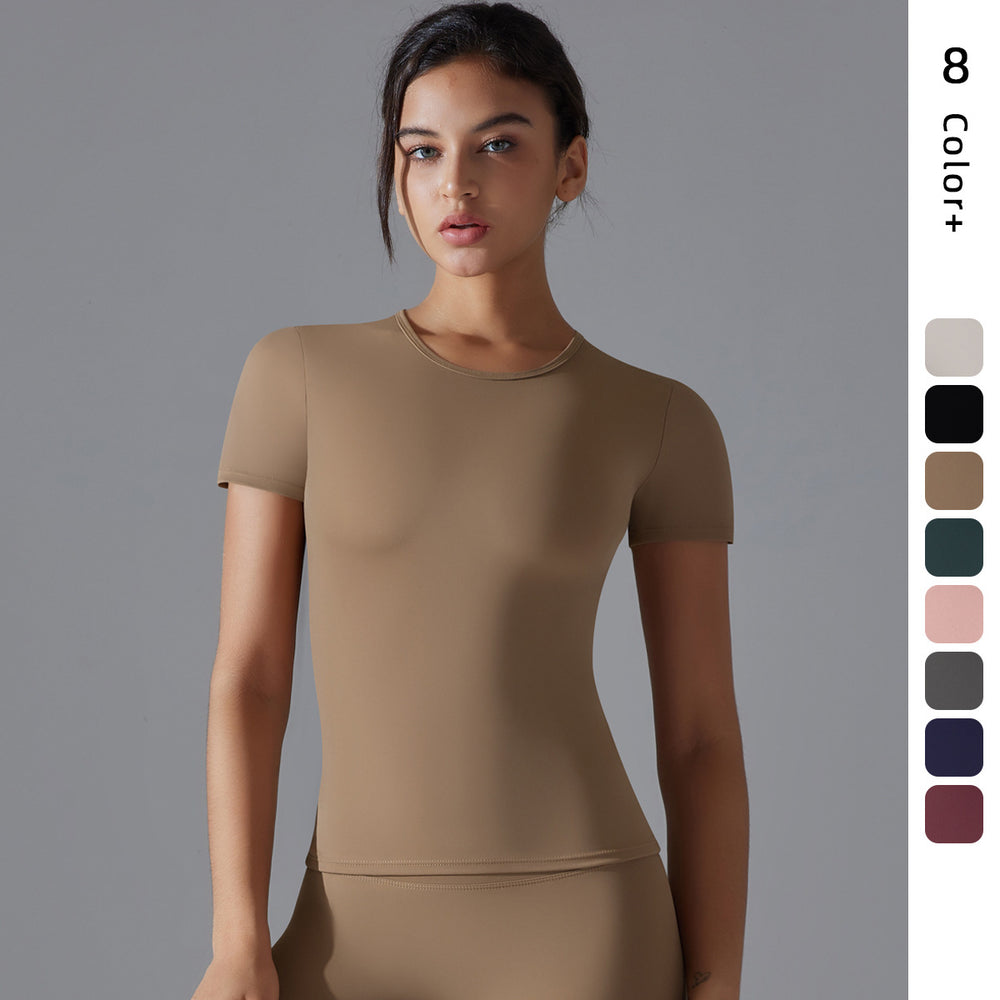 New solid color double-sided brushed high-stretch tight-fitting breathable yoga top - short sleeve activewear running fitness yoga t-shirt