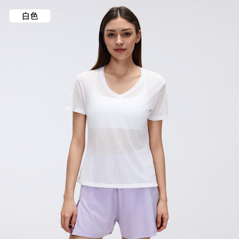 Summer v-neck bamboo slub lightweight breathable sports t-shirt women's running fitness short sleeve yoga top d26098
