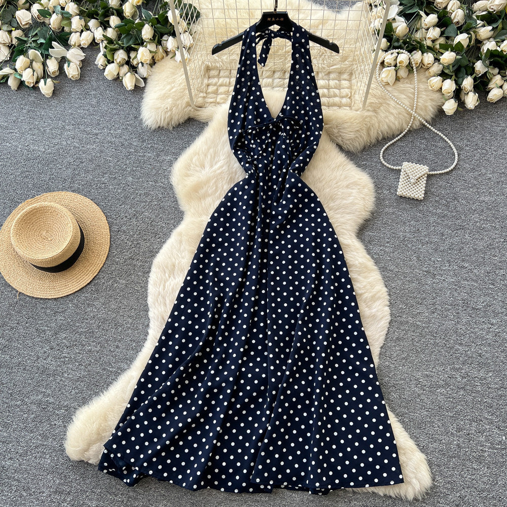 French halter polka dot sexy backless dress women's summer red deep v neck waist elegant vacation style long dress