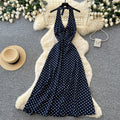 French halter polka dot sexy backless dress women's summer red deep v neck waist elegant vacation style long dress