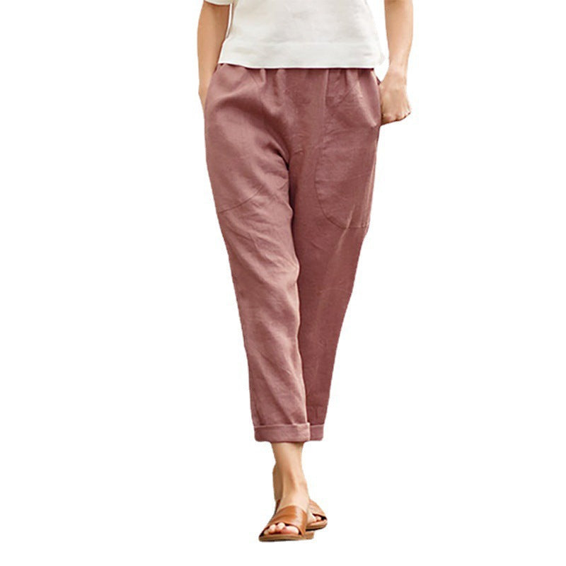 european and american export women's large pocket solid color comfortable cotton linen casual straight-leg trousers