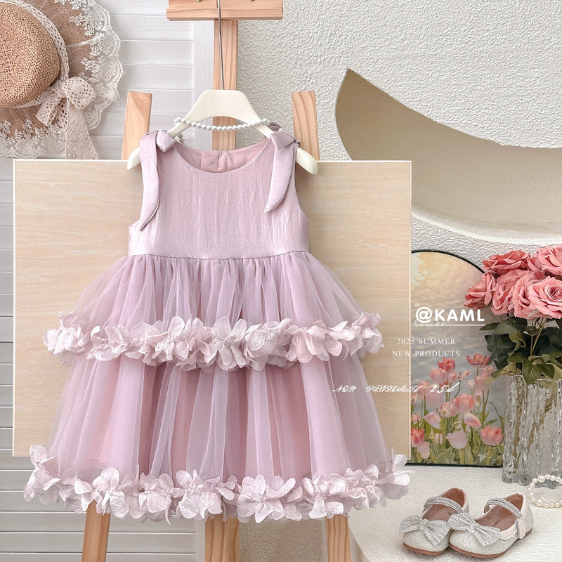 【clearance】girls' dress - stylish mesh tulle tutu summer dress with bow - princess birthday gown