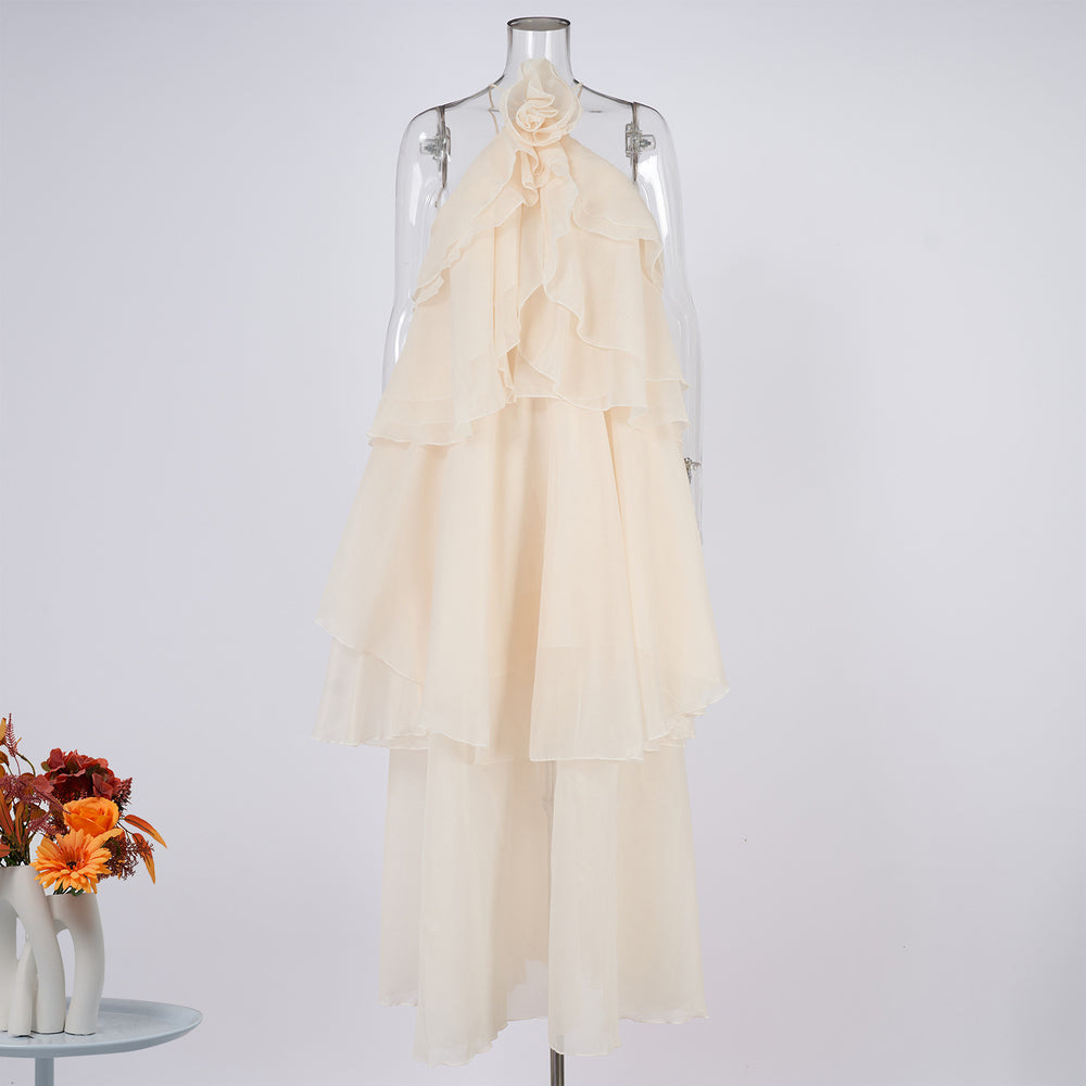 Export cross-border stereo flower decoration large backless halterneck dress holiday style rufflesclassy sense elegance long skirt