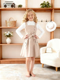 girls' beige sundress with long-sleeve top and bow belt - two-piece outfit