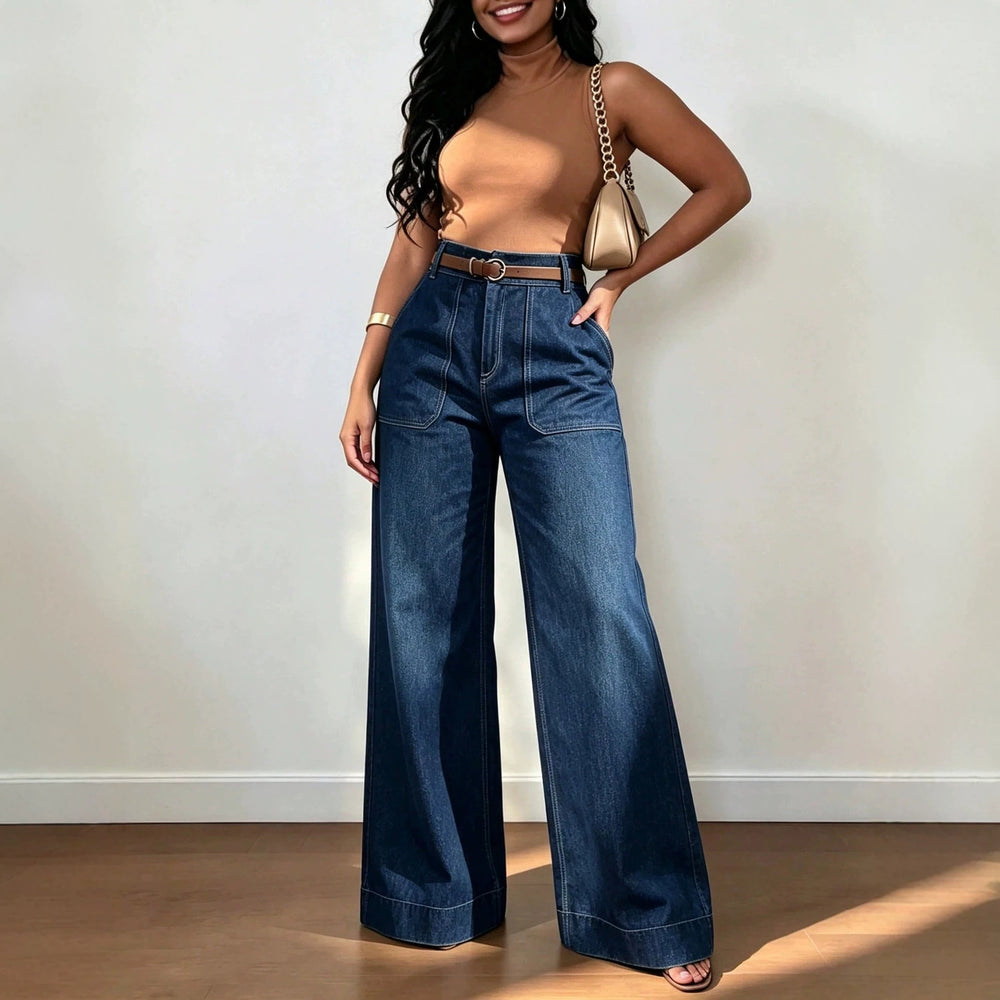 Fashionjeans women's dark blue topstitch large flap pocket pants wide-leg pants american high waistdrapedloosestraight-leg denim pants