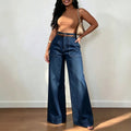 Fashionjeans women's dark blue topstitch large flap pocket pants wide-leg pants american high waistdrapedloosestraight-leg denim pants