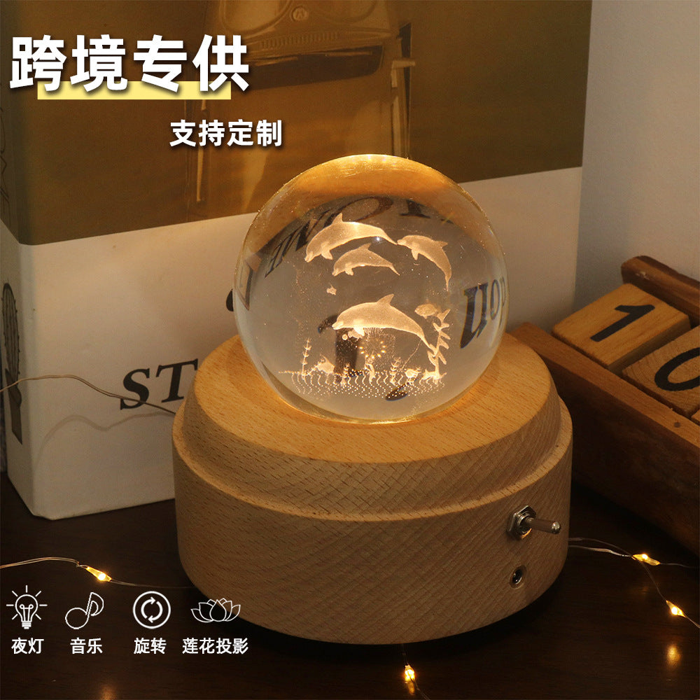 ins girl bedside lamp music box crystal ball wooden base music box charging luminous rotating music box