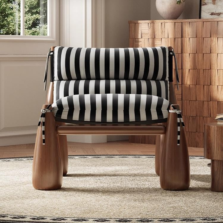 Solid wood designer baseball chair - striped fabric accent chair for living room - premium single sofa chair