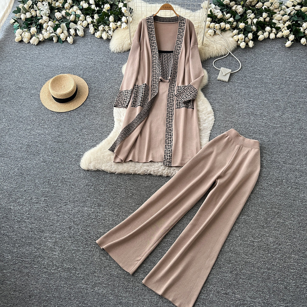 Lazy style knittingcardiganloose pantstwo-piece setfemaleautumwork clothingslimming looksuitsweaterthree-piece set