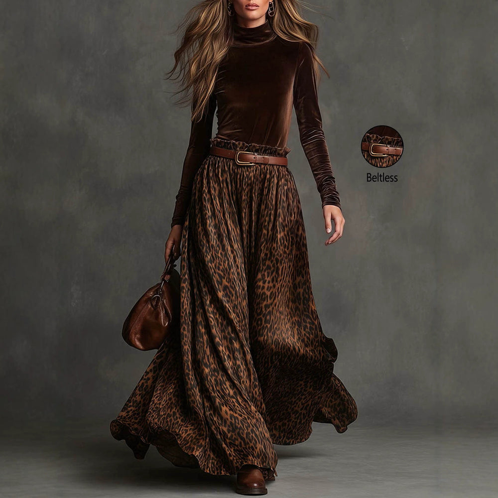 European and american retro style women's two-piece set: brown velvet base layer top with leopard print flowy maxi skirt