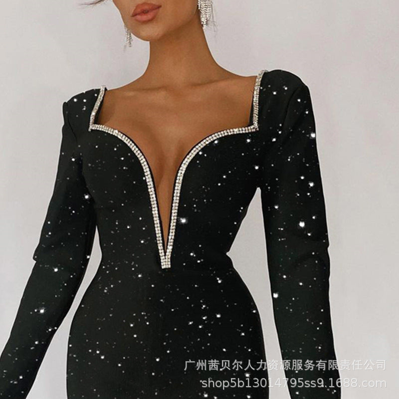 LZS3910  new women's clothing  black silver sprinkled flash v-neck dress