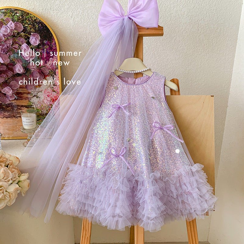Princess dress  new girls' dress summer chic girls' skirt little girl's stunning sequin mesh dress