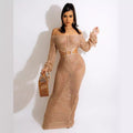 Amazon  european and american women's sexy hollow-out knitted dress summer deep v beach cover-up maxi dress