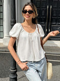 new bubble sleeve short-sleeve t-shirt for women, u-neck drawstring design, unique korean style casual versatile top