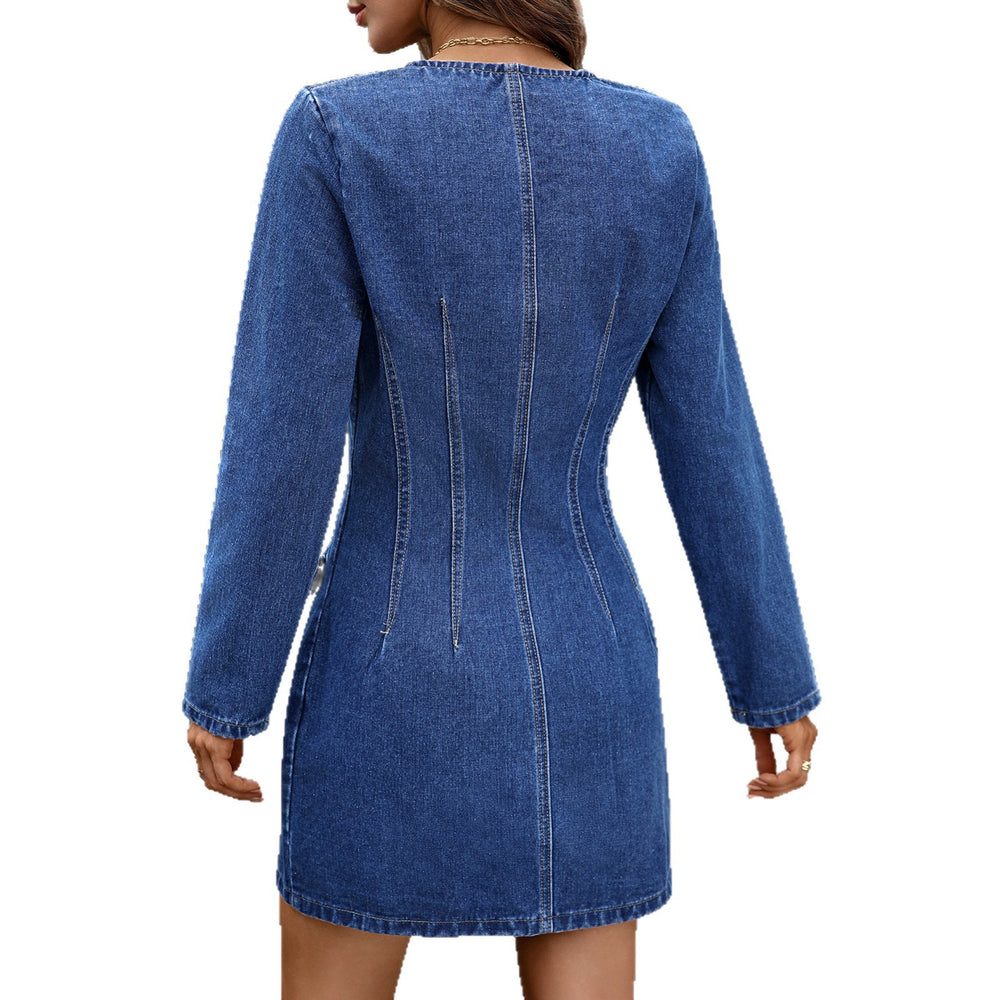 Fashion cross-border export  independent station new arrival washed fashion v neck waist long sleeves denim dress for women