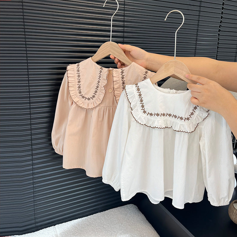 Girls' korean style all-season fashionable and versatile two-tone embroidered floral shirt - trendy, popular, and refreshing top