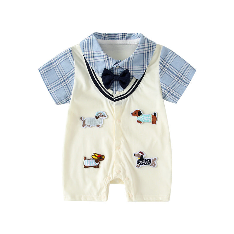 Baby clothes summer thin section new arrivalk-style newborn baby boy one-piece fake two-piece super cute khaki