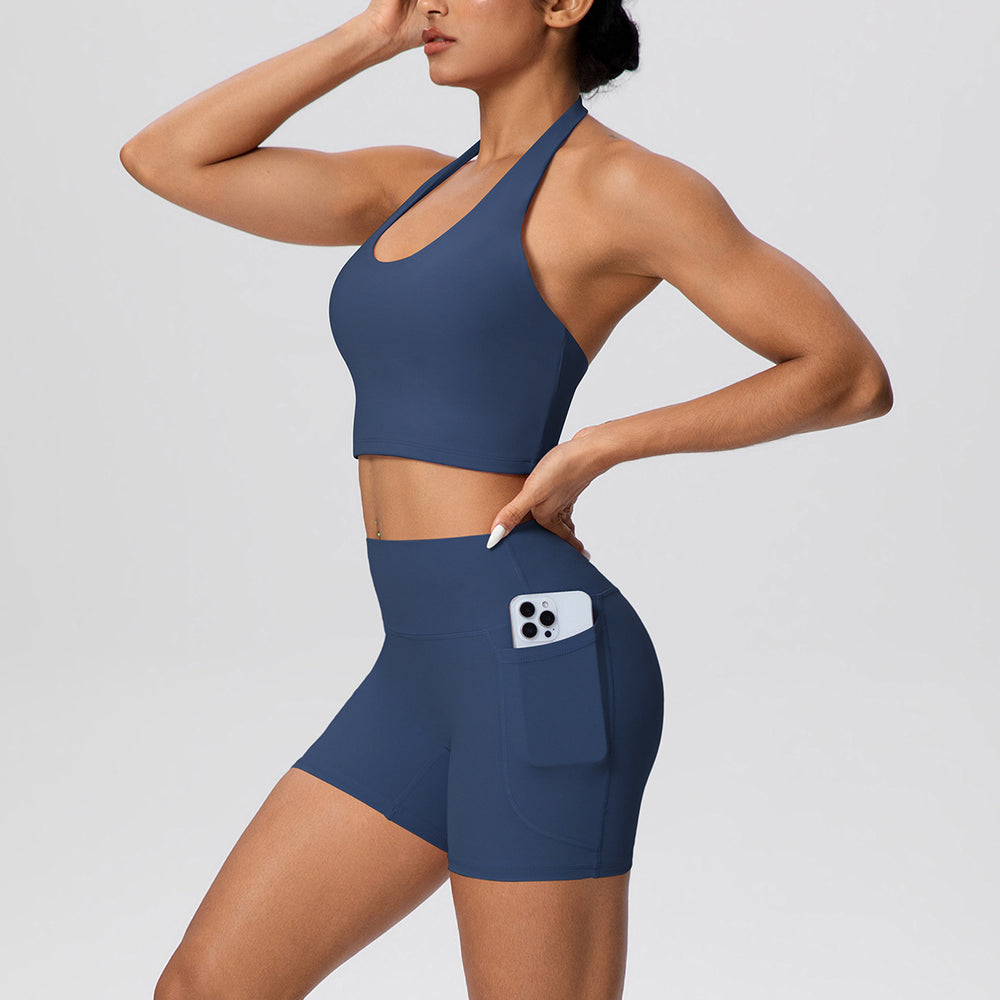 New women's solid color brushed halter tank top and pocket shorts yoga set - two-piece activewear workout outfit