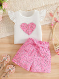 girls' summer outfit: white flutter sleeve short-sleeve top with heart and floral print patchwork shorts, includes belt - two-piece set for kids